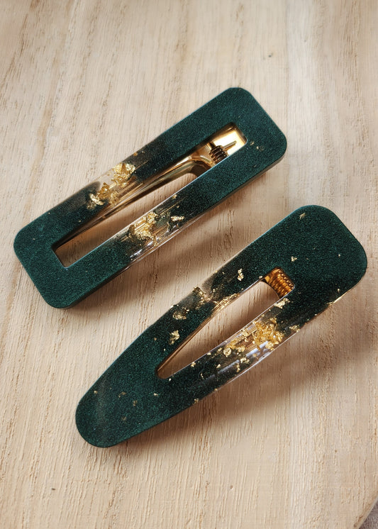 Set 2 Hair clip verdi con foglia oro