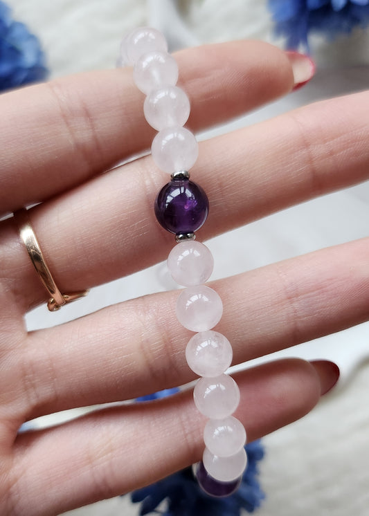 Bracciale a molla in Quarzo rosa e Ametista