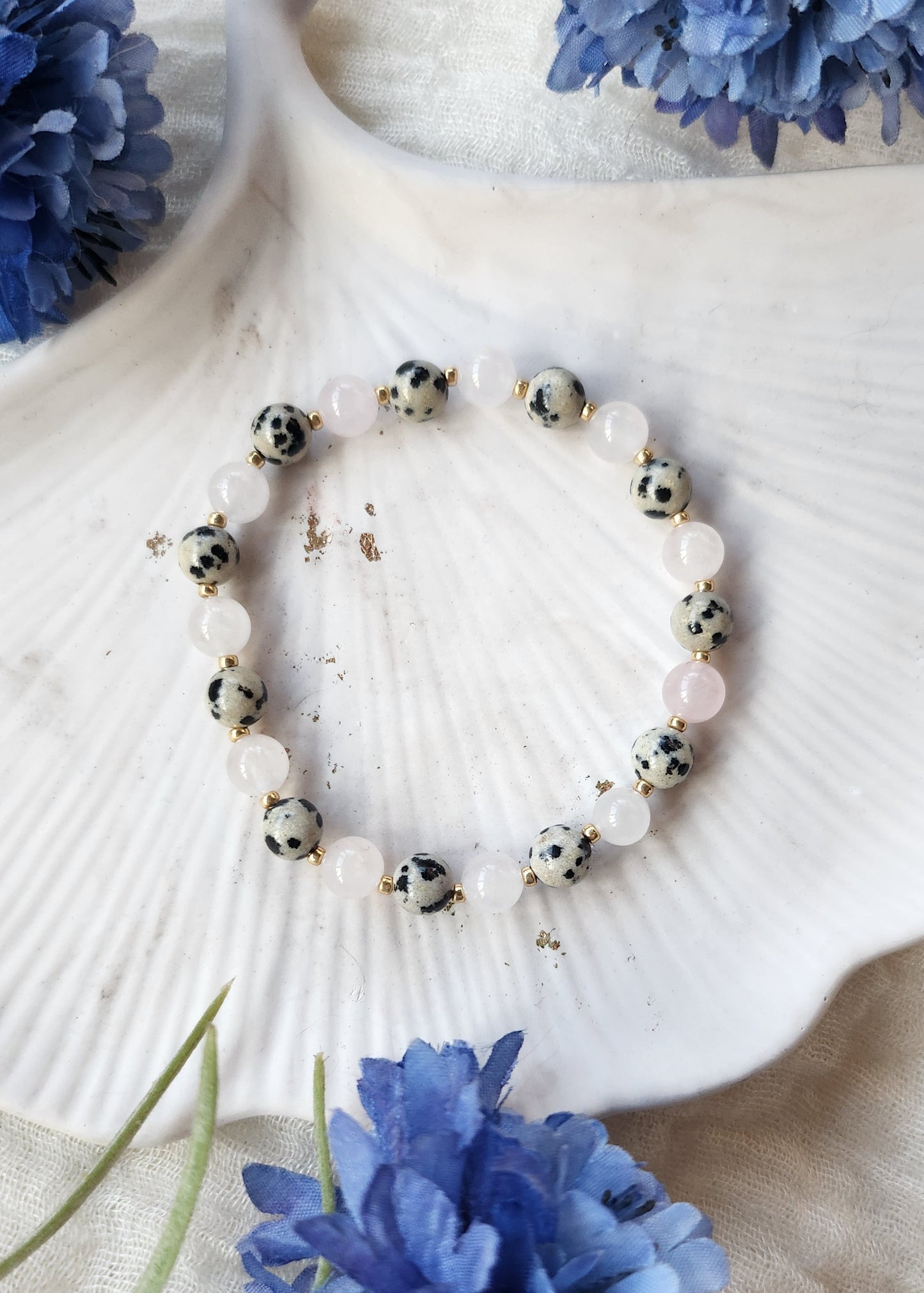 Bracciale a molla diaspro dalmata e quarzo rosa
