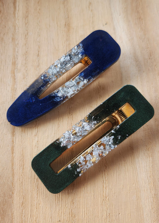Set 2 Hair clip blu e verde con foglia argento