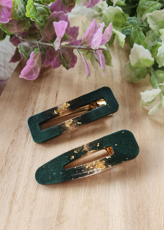 Set 2 Hair clip verdi con foglia oro