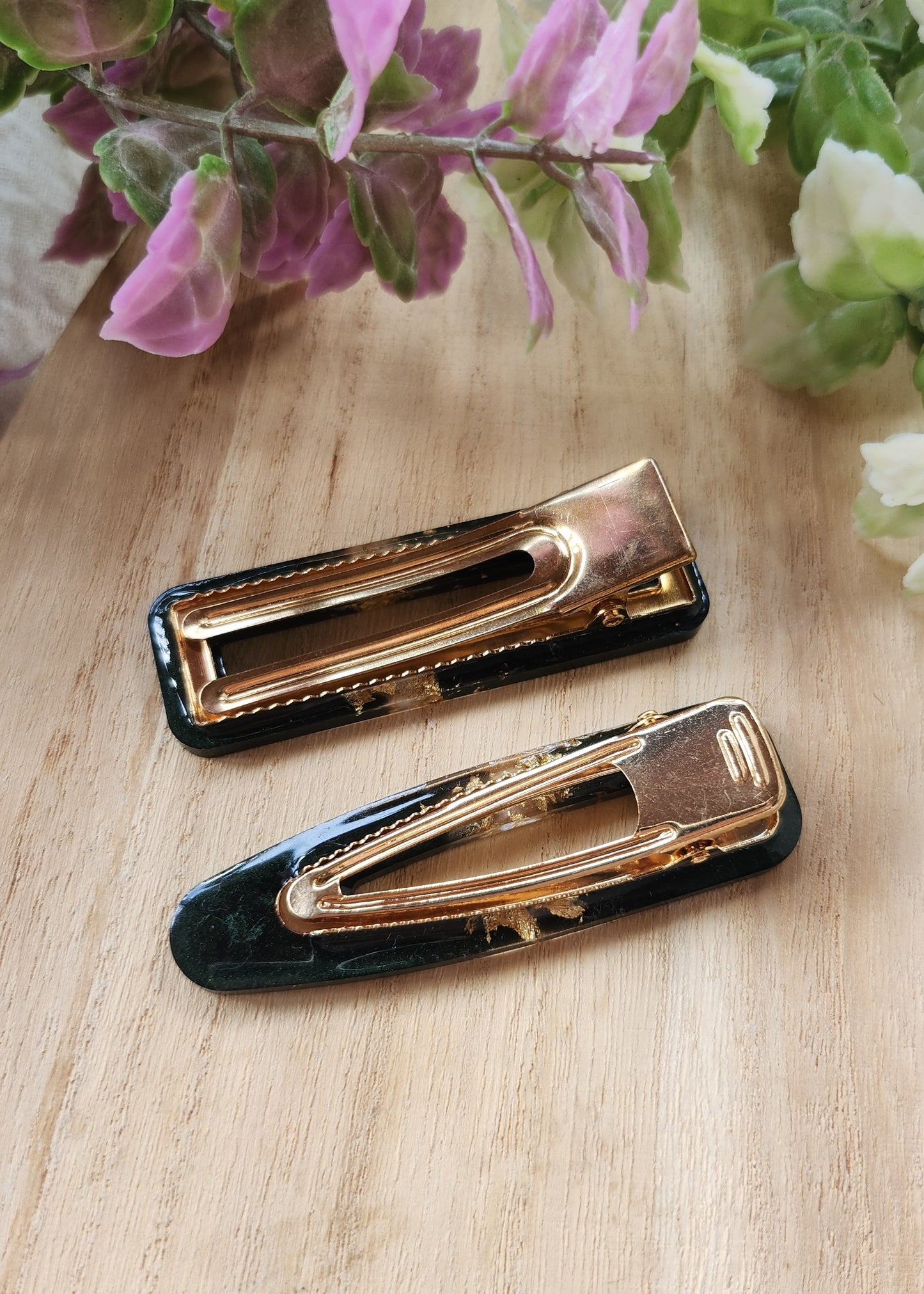 Set 2 Hair clip verdi con foglia oro