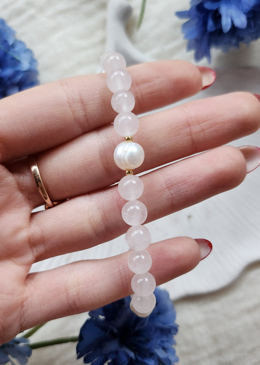 Bracciale a molla in Quarzo rosa e Perle