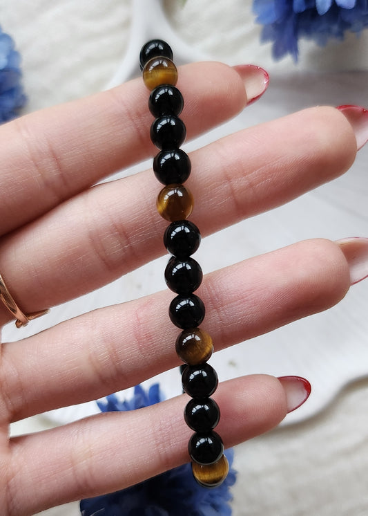 Bracciale a molla in Ossidiana nera e Occhio di Tigre