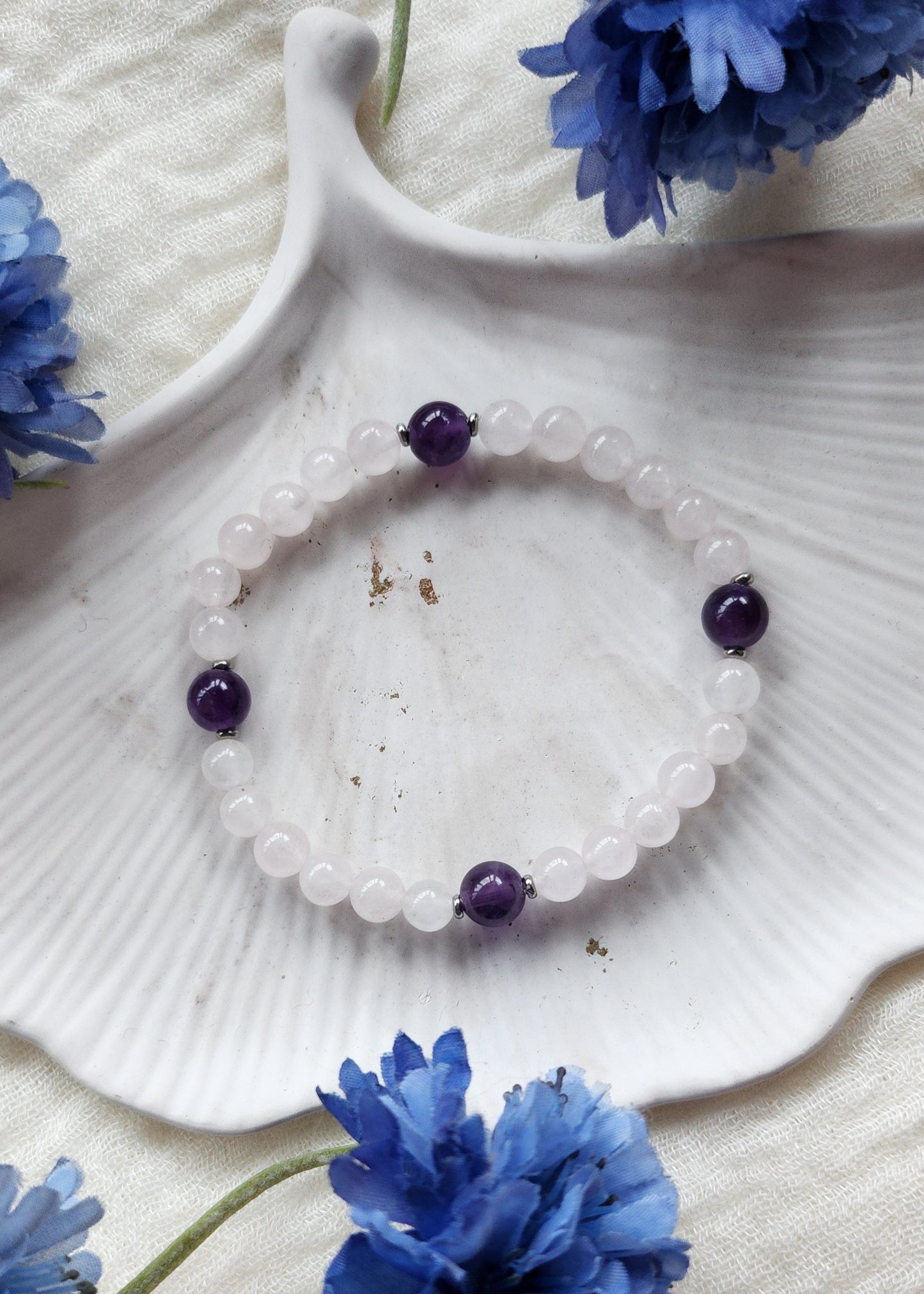 Bracciale a molla in Quarzo rosa e Ametista