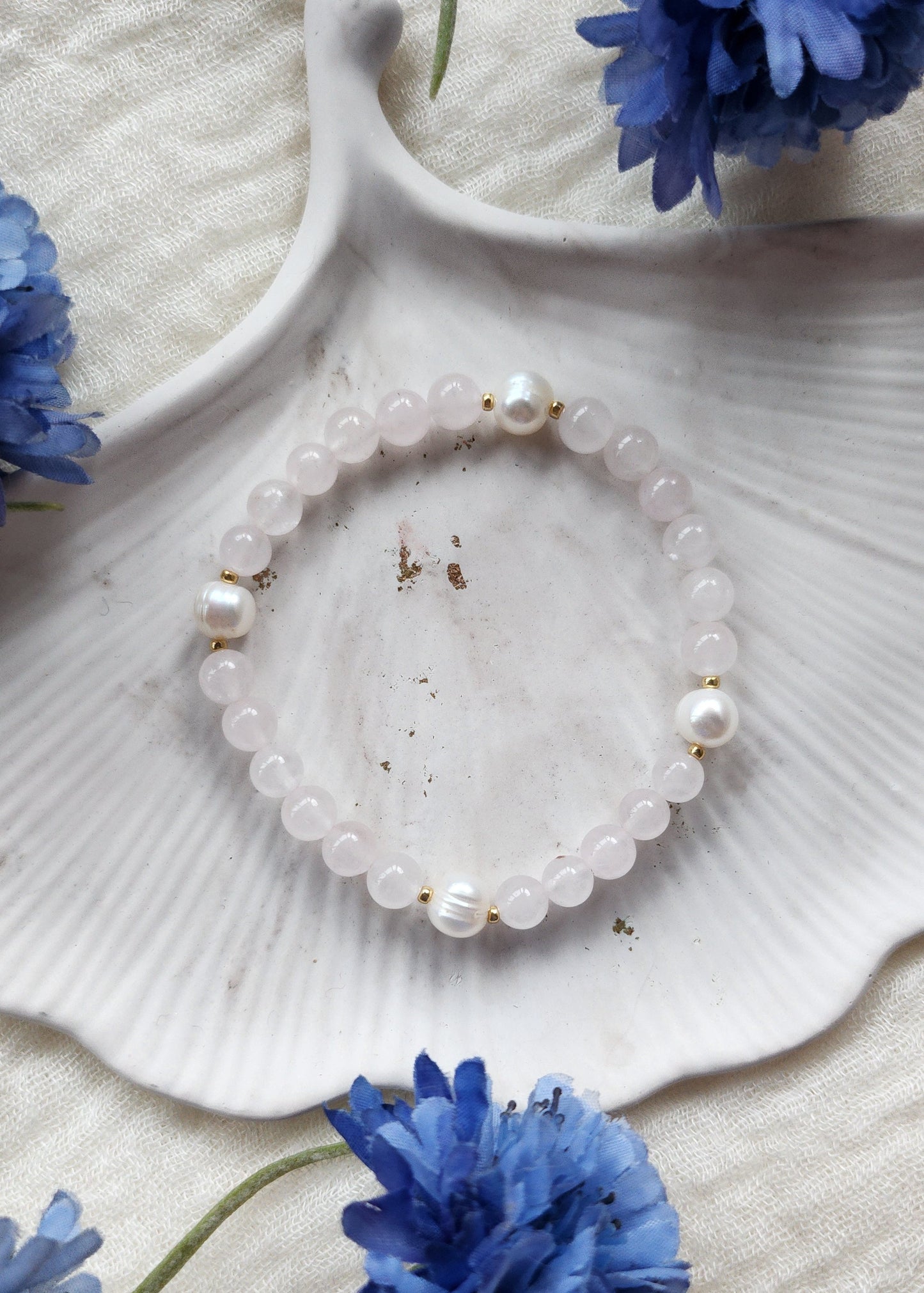 Bracciale a molla in Quarzo rosa e Perle