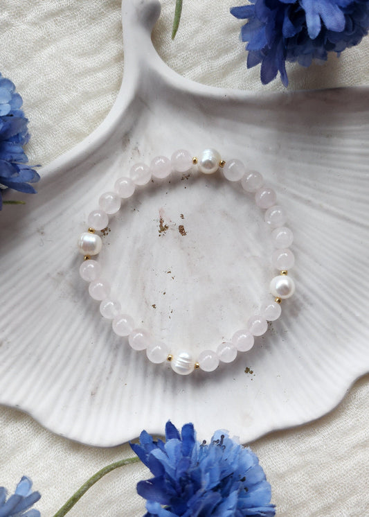 Bracciale a molla in Quarzo rosa e Perle