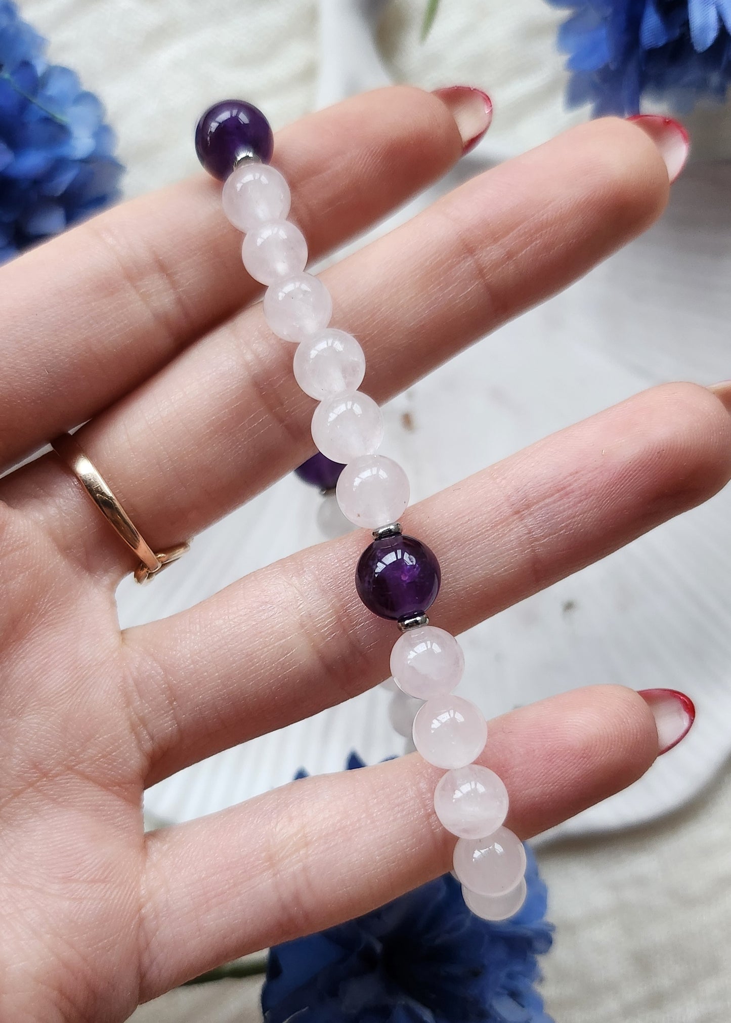 Bracciale a molla in Quarzo rosa e Ametista